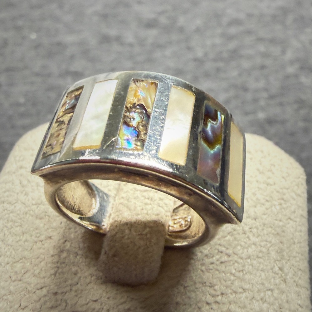 Ring Sterling Silver Abalone Mother of Pearl Vintage Boho Size 5.5
